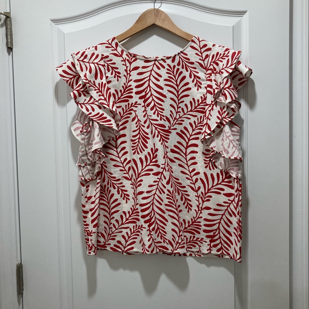 Who What Wear Sea Tropical Print Linen/Rayon Ruffle Top